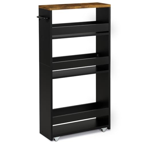 TEAMIX 4 Tier Slim Storage Cart with Handle, Small Kitchen Cart for Narrow Places,Rolling Laundry Cart on Wheels for Small Spaces - color: Black+brown, size: 5-1/2'' W