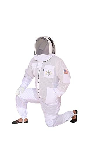3 Layer Bee Suit with Fencing Veil and Round Veil One Pair Gloves Sting Proof Ventilated Beekeeping Suit, 2 Veils - color: White, size: Large