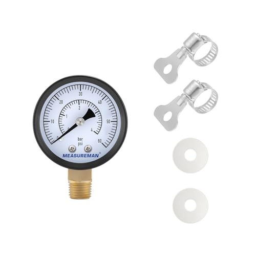 MEASUREMAN CO2 Regulator Gauge Set for Beer Kegs, 0-60 PSI, Dual Scale, Bar/PSI, 2’’ Dial, 1/4’’ NPT, Radial Mount, Black Iron Case, Aluminum Pointer, with Hose Clamps& Nylon seals - size: 1pc, style: 0-60 psi With Washers&Clamps