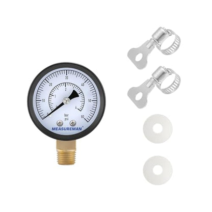 MEASUREMAN CO2 Regulator Gauge Set for Beer Kegs, 0-60 PSI, Dual Scale, Bar/PSI, 2’’ Dial, 1/4’’ NPT, Radial Mount, Black Iron Case, Aluminum Pointer, with Hose Clamps& Nylon seals - size: 1pc, style: 0-60 psi With Washers&Clamps