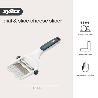 Zyliss Dial & Slice Cheese Slicer - Adjustable, Handheld Cheese Slicer with Stainless Steel Edge and Ergonomic Handle White