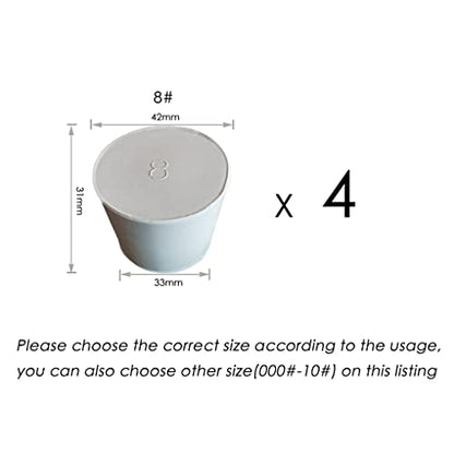 Lab Rubber Stoppers 33mm to 42mm,White Rubber Stoppers Size 8 are Used for Sealing Balloon Bottles、Conical Flask Etc (4, 8#) - size: 8#