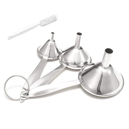 Stainless Steel Funnel, 3 Pcs 3 Different Size Funnels with Handle and 1 Cleaning Brush for Filling Bottles Flask in Kitchen (1)