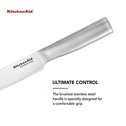 KitchenAid Gourmet Forged Slicer Knife with Custom-Fit Blade Cover, 8-inch, Sharp Kitchen Knife, Japanese Stainless Steel Blade, Brushed Stainless Steel Handle - style: 8-Inch Slicer Knife