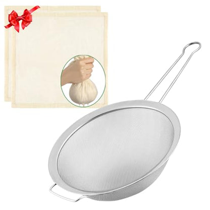 Large Fine Mesh Strainer with Sturdy Handle, 8.66” Stainless Steel Strainers, Bonus 20x20 Inch Reusable Cotton Cheese Cloths with 4 Hemmed Edges, Sieve Sifter for Straining, Cooking, Baking - size: 8.66" Strainer and Cheesecloth