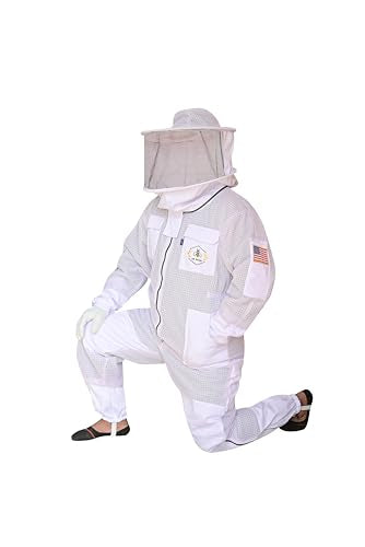 3 Layer Bee Suit with Fencing Veil and Round Veil One Pair Gloves Sting Proof Ventilated Beekeeping Suit, 2 Veils - color: White, size: Large