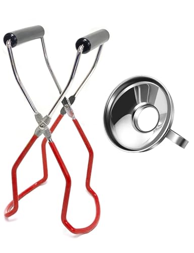 2 Pieces Stainless Steel Canning Jar Lifter Tongs and Canning Funnel with Safe and Secure Grip for Wide Mouth and Regular Jars, Easy to Clean and Dishwasher Safe (Red) - color: Red