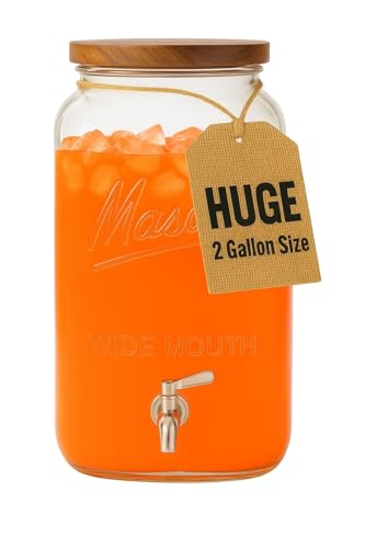 Kitchentoolz 2 Gallon Glass Beverage Dispenser with Wooden Lid – Large Square Mason Jar Drink Container with Stainless Steel Spigot – Big Batch Iced Tea, Lemonade, Water, or Party Drinks