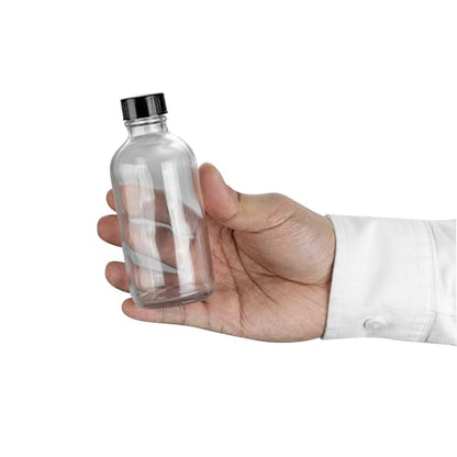 Restaurantware Vetri 4 Ounce Boston Glass Bottles, 24 Sample Bottles With Black Phenolic Caps - Dishwashable, Round, Clear Glass Bottle, For Potion, Juice, Ginger Shots, Whiskey, Liquids - color: Clear, size: 4 oz