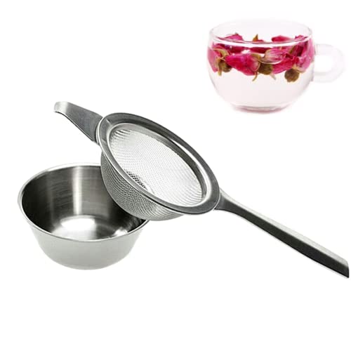 2.24inch Fine Mesh Strainer with Long Handle, Stainless Steel Mini Tea Strainer with dripping bowl, for Straining Teas and Cocktails or Sifting Flour, Sugar, Spices, and Herbs(Silver)