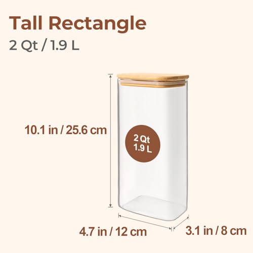 ComSaf 2 Qt Rectangle Glass Storage Containers with Lids, Glass Jars with Bamboo Lids, Clear Food Jar, Square Canister Set of 3, Pantry Organizers and Storage for Flour Pasta Coffee Bean - size: 2 Qt-3Pcs