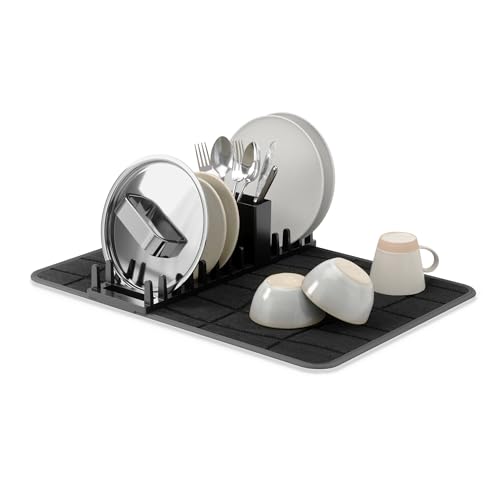 Umbra UDry Dish Drying Rack with Mat – Kitchen Countertop Dish Drainer & Absorbent Microfiber Drying Mat, Foldable Dish Rack Organizer for Plates, Cups & Utensils, Black - color: Black, size: 24" x 17"