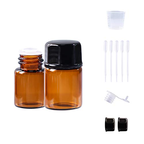 100 Pack 2ml (5/8 Dram) Amber Mini Glass Essential Oils Sample Bottles with Black Caps for Essential Oils, Perfumes & Lab Chemicals (30ml Measuring Cup and 5 Droppers Included)