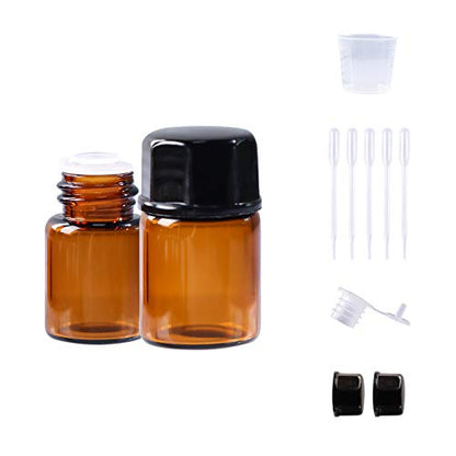 100 Pack 2ml (5/8 Dram) Amber Mini Glass Essential Oils Sample Bottles with Black Caps for Essential Oils, Perfumes & Lab Chemicals (30ml Measuring Cup and 5 Droppers Included)
