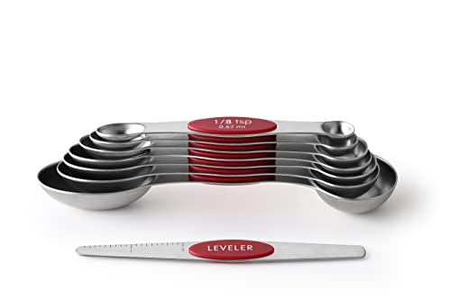 Spring Chef Red Stainless Steel Magnetic Measuring Spoons Set of 8 with Leveler, Dual Sided Nesting Teaspoon & Tablespoon Measuring Spoons, Kitchen Gadgets for Baking & Cooking, Fits in Spice Jars - color: Red, size: 1-Pack