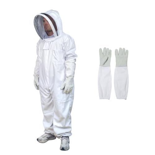 Beekeeping Suit with Veil Hood – Breathable Sting-Proof Cotton Suit for Men Women, Includes Sheepskin Gloves & Reinforced Mesh, Apiary & Wasp Nest Removal, Size L - size: L for 5'3"-5'7"