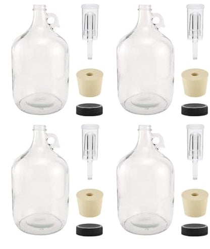 North Mountain Supply 1 Gallon Glass Fermenting Jug with Handle, 6.5 Rubber Stopper, 3-Piece Airlock, Black Plastic Lid - Set of 4
