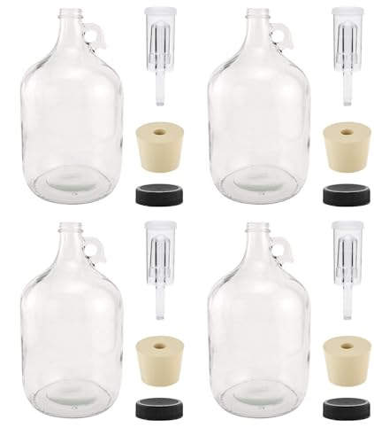 North Mountain Supply 1 Gallon Glass Fermenting Jug with Handle, 6.5 Rubber Stopper, 3-Piece Airlock, Black Plastic Lid - Set of 4