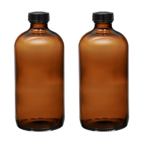 16 oz Amber Glass Boston Round Bottles, 2 Pack | Black Airtight Polycone Caps, Reusable, UV-Resistant, For Extracts, Oils, Herbal Remedies, Fermentation - color: AMBER-16OZ