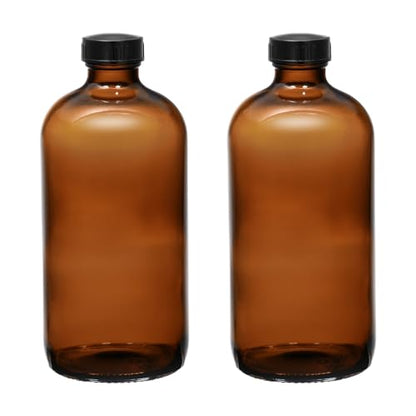 16 oz Amber Glass Boston Round Bottles, 2 Pack | Black Airtight Polycone Caps, Reusable, UV-Resistant, For Extracts, Oils, Herbal Remedies, Fermentation - color: AMBER-16OZ