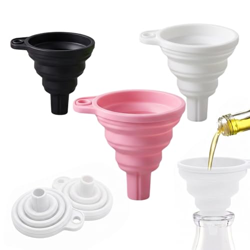 Kitchen Funnel Set 3 Pack, Food-Grade Collapsible Silicone Funnels for Kitchen Use Filling Bottles, Easy Clean Space-Saving Funnels for Water Oil Liquid Transfer (Pink+White+Black) - color: Pink+White+Black