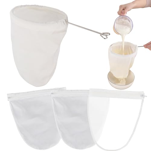 5 Pcs Premium Ultra Fine Mesh Strainer Bags with Stainless Steel Handle, Reusable Nut Milk Bags, Cheese Cloths for Straining Juice, NutMilk, Coffee, Thai Tea, Yogurt and Soup (Medium) - size: Medium