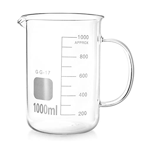 QWORK Beaker with Handle, 1000ml/33.81oz Measuring Cup, Borosilicate Glass,Beaker Mug with Pouring Spout - size: 1000 ml