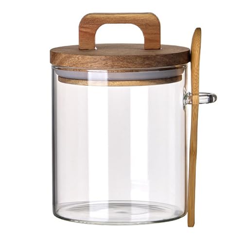 Coriario 27 OZ Glass Jar with Airtight Lid Spoon Clear Glass Coffee Container Wooden Handle Lids Wide Mouth Glass Storage Canister for Food Kitchen - color: clear handle-27oz