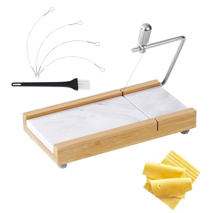 Tianman Cheese Slicer Cheese Cutter with 4 Replacement Cutting Wire,Heavy Duty 8.27"x 4.4",Marble Board Cheese Slicer for Block Cheeses, Butter,Cakes and More(White Grey) - color: White