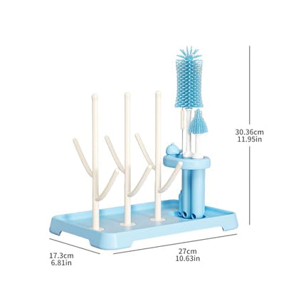 [4-in-1] Baby Bottle Drying Rack Set with Multi-Functional Brushes, Silicone Bottle Brush, Nipple Brush & Straw Cleaner, Space-Saving Countertop Cleaning Kit for Feeding Essentials, BPA-Free (Blue) - color: Blue