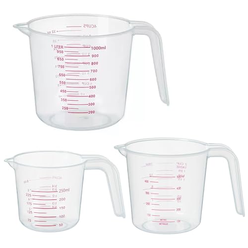 DTDNZKN 3 Pack Measuring Cups, 250ml (1-Cup), 500ml (2-Cup) &1000ml (4-Cup) | Plastic Liquid Measuring Cups - Clear Markings for Baking, Cooking, Mixing, Oil & Water Measurement - Essential Kitchen Tools