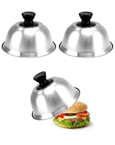 QWORK 6" Burger Covers Small Cheese Melting Dome, 3 Pack Stainless Steel Food Cover for Burger, Steak