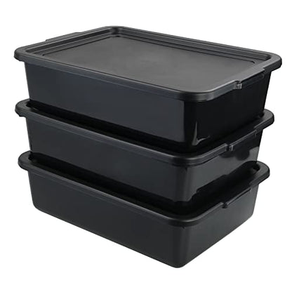 Pack of 3 Food Service Bus/Utility Tote Box with Lid, Plastic Restaurant Dish Tub, 13 L, Black