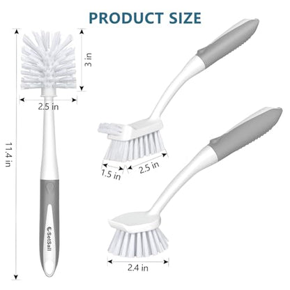 SetSail Dish Brush Set of 3 Piece, Dish Scrub Brush with Long Handle Deep Cleaning Brush with Scraper Tip for Kitchen Dishes Bottle Cup Pot Pan, Grey - color: Gray
