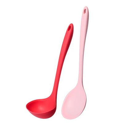 Kitchen Mama DuoEssentials Ladle & Cooking Spoon Set, Red | Silicone, Heat Resistant, One-Piece Design, For Nonstick Cookware, For Soup, Stirring, Serving & Sauteing - color: Red