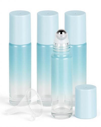 Worldgsb 4 Pack Essential Oil Roller Bottles, 10ml Refillable Glass Roller Bottles with Stainless Steel Roller Balls and Caps for Travel, Perfume and Lip Gloss Blue Gradient - color: Blue-Gradient, style: 4 Pack