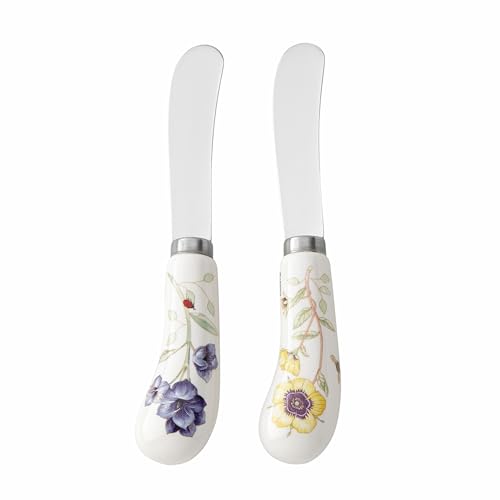 Lenox Silverware Set, Butterfly Meadow 2-Piece Spreader Set, 18/10 Stainless Steel, Dishwasher Safe, Porcelain Handles, Butter Knife, Cheese Spreader, Home And Kitchen Utensils Sets (Silver, 2 Piece) - style: Spreaders, Set of 2