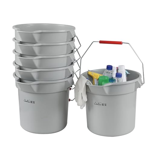 6-Pack 14 Quart Plastic Pail with Handle, Heavy Duty Cleaning Bucket, Grey