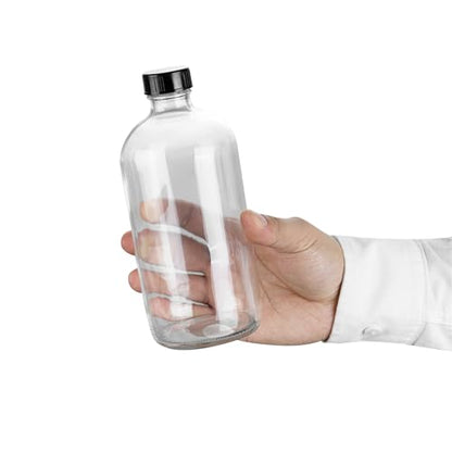 Restaurantware Vetri 16 Ounce Boston Glass Bottles, 12 Bottles With Black Phenolic Caps - Dishwashable, Round, Clear Glass Bottle, For Secondary Kombucha Fermentation, Homemade Essential Oils - color: Clear, size: 16 Ounces