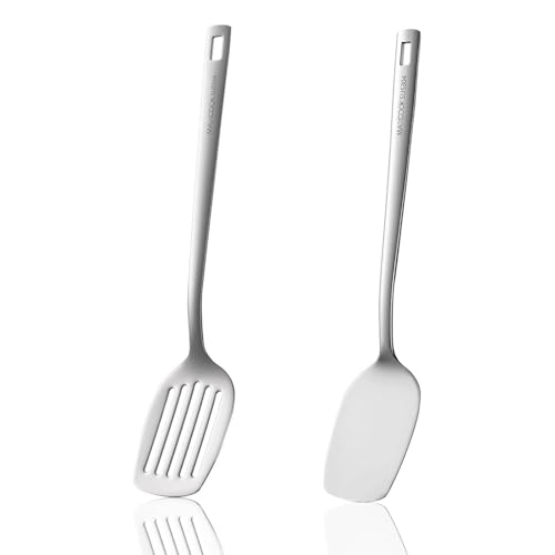 Professional Stainless Steel Cooking Utensils Set, 2 Pcs Metal Spatula Wok Turner, Wok Spatula Kitchen Cooking Tools for Sauteing, Flipping, Grilling (Dishwasher Safe) - size: 18/8 Stainless Spatula Set of 2