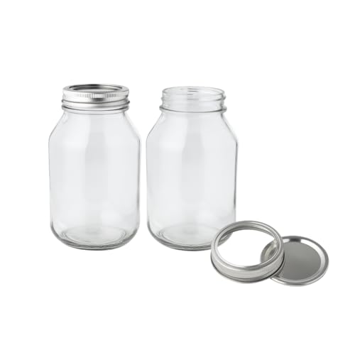 FastRack 32 oz Regular Mouth Mason Jars with Lids – Pack of 2 Quart Canning Jars for Food Storage, Pickling, Fermentation, Crafts – Reusable Airtight Large Glass Mason Jar - size: 32oz - 2 Pack