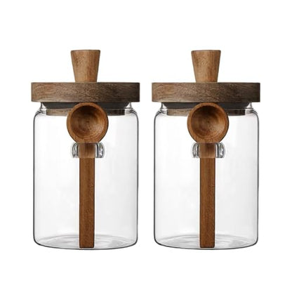 ANSQU Set of 2 Glass Coffee Canisters, 27 oz Jars with Spoons | Coffee Containers with Wooden Lids, Coffee Grounds Containers, Coffee Bar Organizer - size: 27oz-2pack (φ3.54")