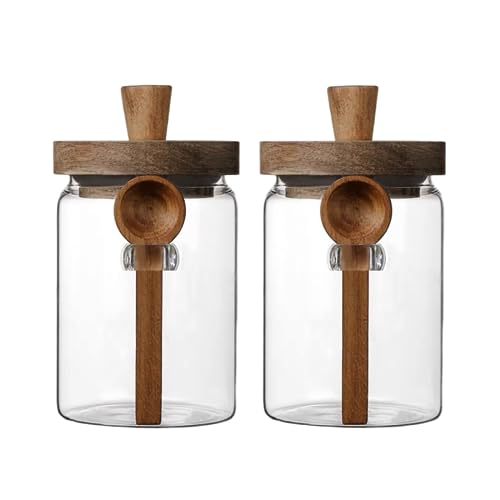 ANSQU Set of 2 Glass Coffee Canisters, 27 oz Jars with Spoons | Coffee Containers with Wooden Lids, Coffee Grounds Containers, Coffee Bar Organizer - size: 27oz-2pack (φ3.54")