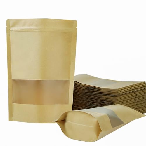 100 PCS Resealable Bags, Stand Up Kraft Paper Bags with Matte Window, Zipper Lock Food Storage Bags for Small Business and Home, 5.5x8.6 Inch Reusable Sealable Bags for Packaging - color: Yellow,5.51*8.66 inches