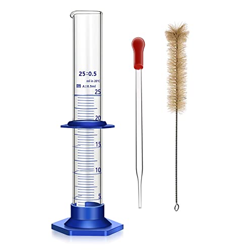 Thick Glass Graduated Cylinder Measuring Liquid Lab Cylinders with Anti-Falling Plastic Base and Bumper Guards and Cylinder Brush (Glass, 25ML) - size: 25ML