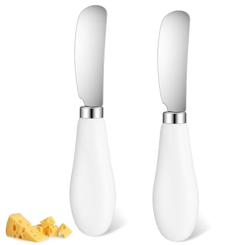 TIESOME 2 Pack Stainless Steel Butter Spreader Knife, Cheese Ball Knife with White Porcelain Handle for Appetizers & Dips (2 Pcs)