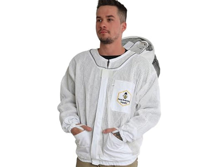 Ventilated Bee Jacket for Men and Women with Gloves and Detachable Round Veil, 3-Layer Beekeeping Jacket, YKK Brass Zippers (Large) - size: Large