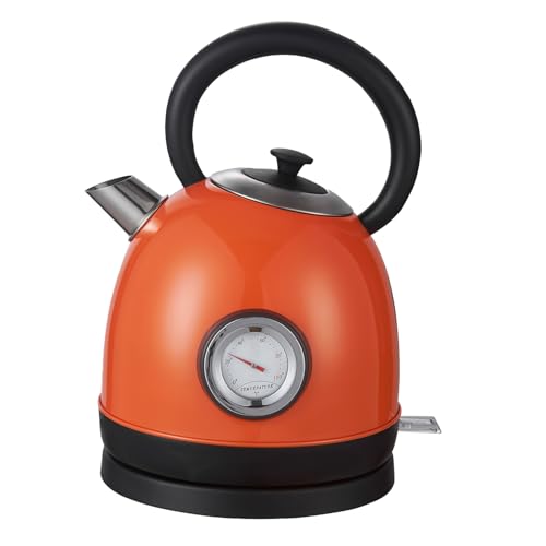 1.7L(57oz) Retro Electric Kettle with Built-in Thermometer, 1500W Fast Boiling Full 304 Stainless Steel Kettle, Cordless LED Indicator, Auto Shut-Off & Boil Dry Protection for CoffeeTea - color: Orange