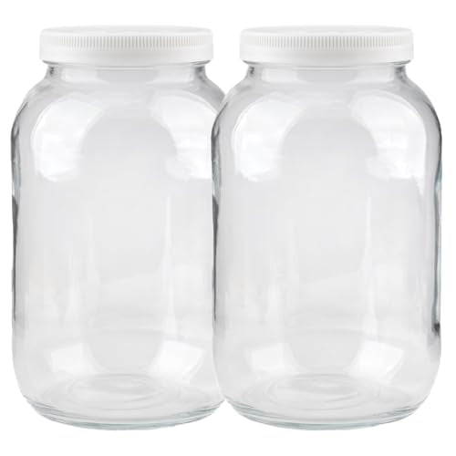 1 Gallon Glass Jars with White Lid 2 Pcs,128oz Extra Wide Mouth(11cm/4.33in) Glass Storage Jars, Plastic Lids with Silicone Rings, for Food Storage,Curing, Fermentation and Preservation