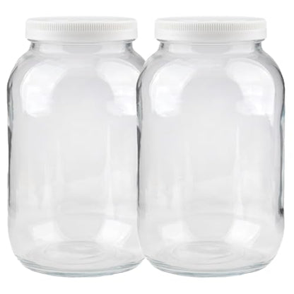 1 Gallon Glass Jars with White Lid 2 Pcs,128oz Extra Wide Mouth(11cm/4.33in) Glass Storage Jars, Plastic Lids with Silicone Rings, for Food Storage,Curing, Fermentation and Preservation